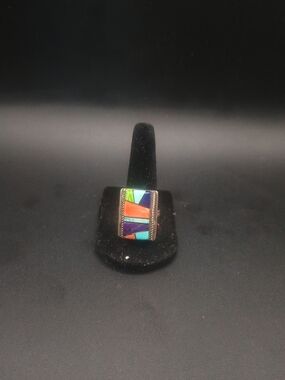 Robert Johnson Navajo Sterling Inlay Ring, Size 10